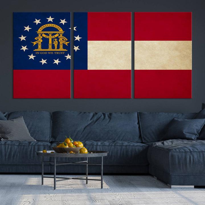 The Georgia States Flag Wall Art Canvas Print, coated with UV protection to preserve its vibrant colors, hangs on the wall.