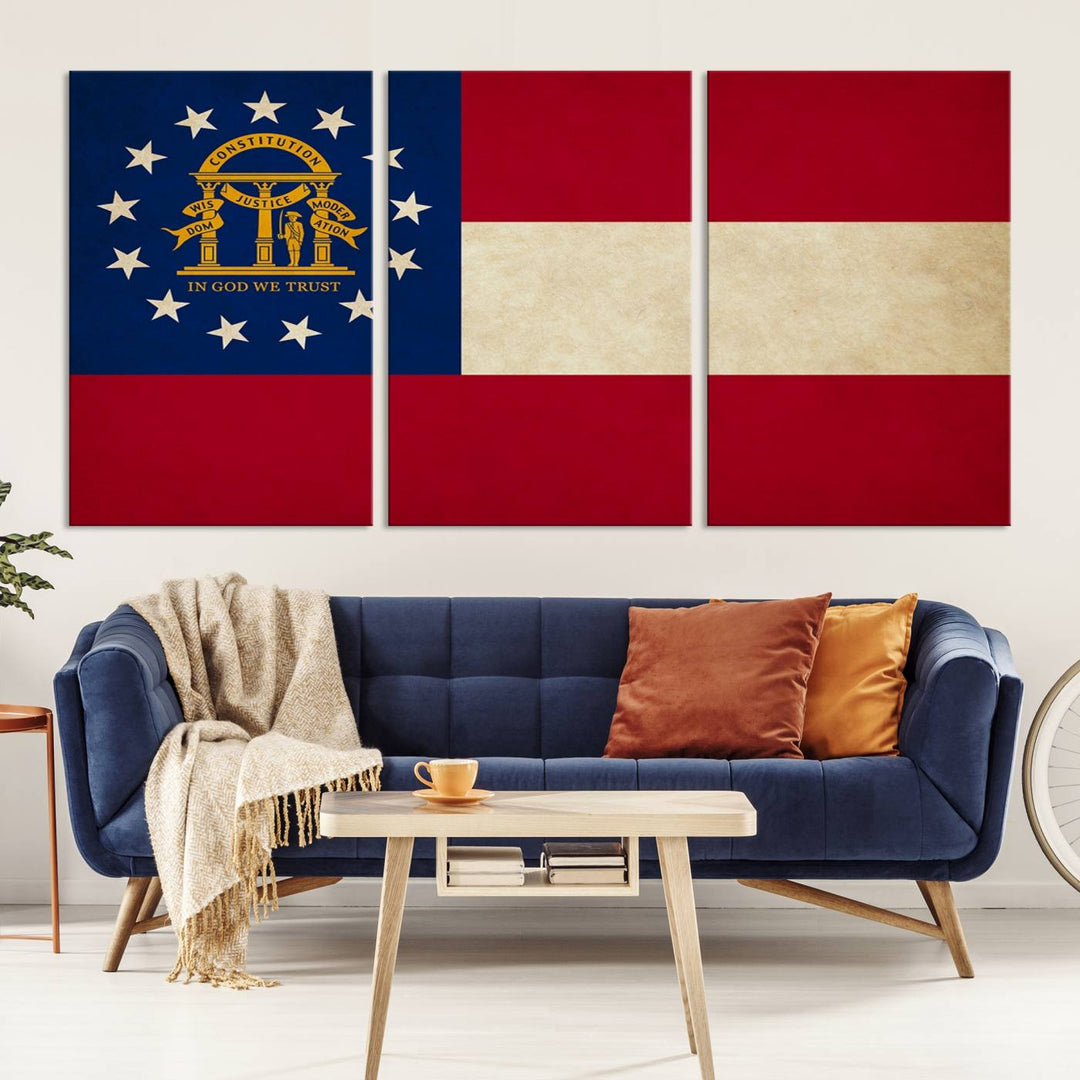 The Georgia States Flag Wall Art Canvas Print, coated with UV protection to preserve its vibrant colors, hangs on the wall.