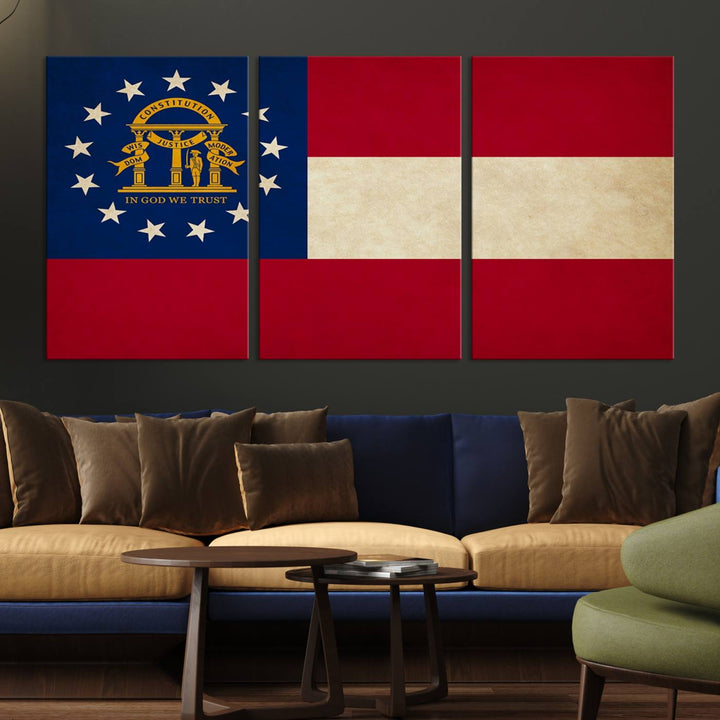 The Georgia States Flag Wall Art Canvas Print, coated with UV protection to preserve its vibrant colors, hangs on the wall.