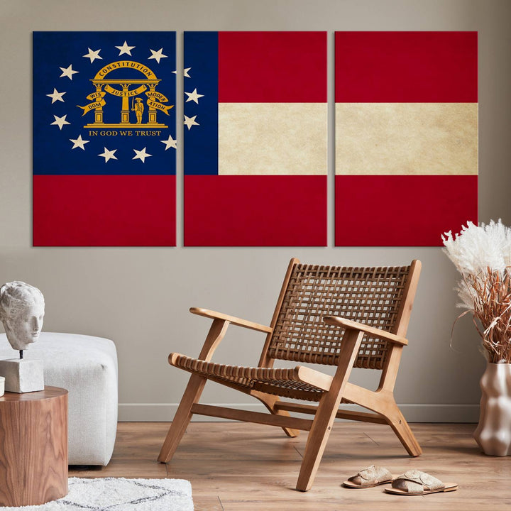 The Georgia States Flag Wall Art Canvas Print, coated with UV protection to preserve its vibrant colors, hangs on the wall.