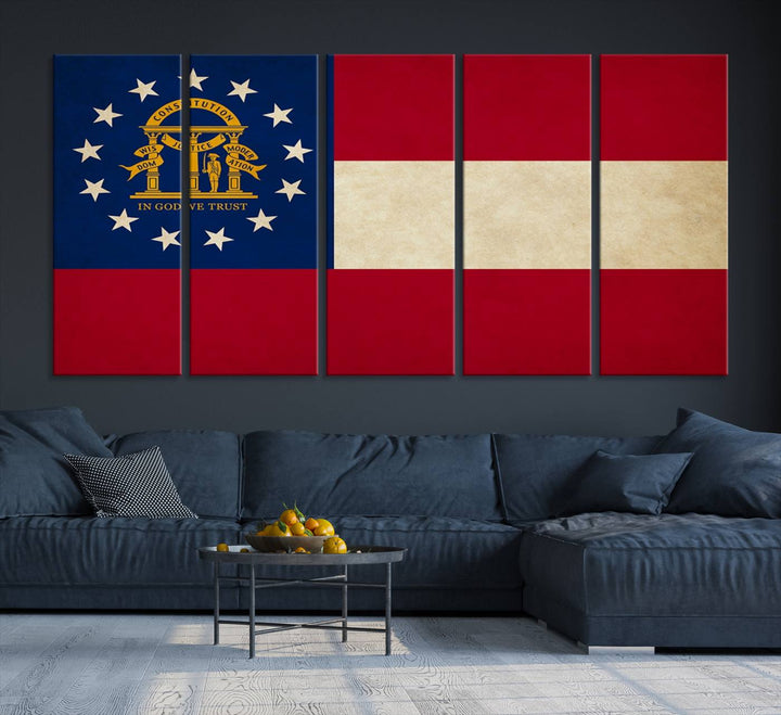 The Georgia States Flag Wall Art Canvas Print, coated with UV protection to preserve its vibrant colors, hangs on the wall.