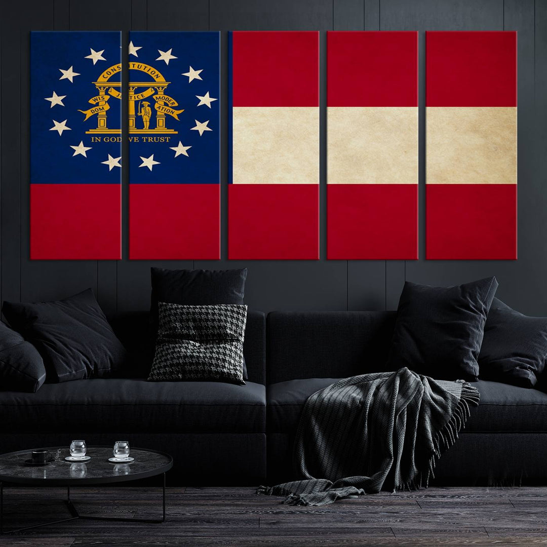 The Georgia States Flag Wall Art Canvas Print, coated with UV protection to preserve its vibrant colors, hangs on the wall.