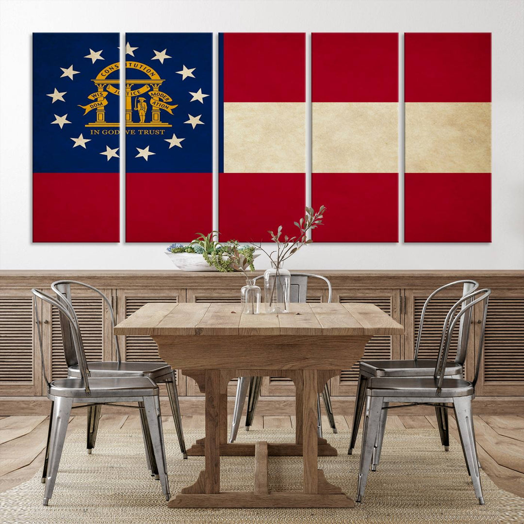 The Georgia States Flag Wall Art Canvas Print, coated with UV protection to preserve its vibrant colors, hangs on the wall.