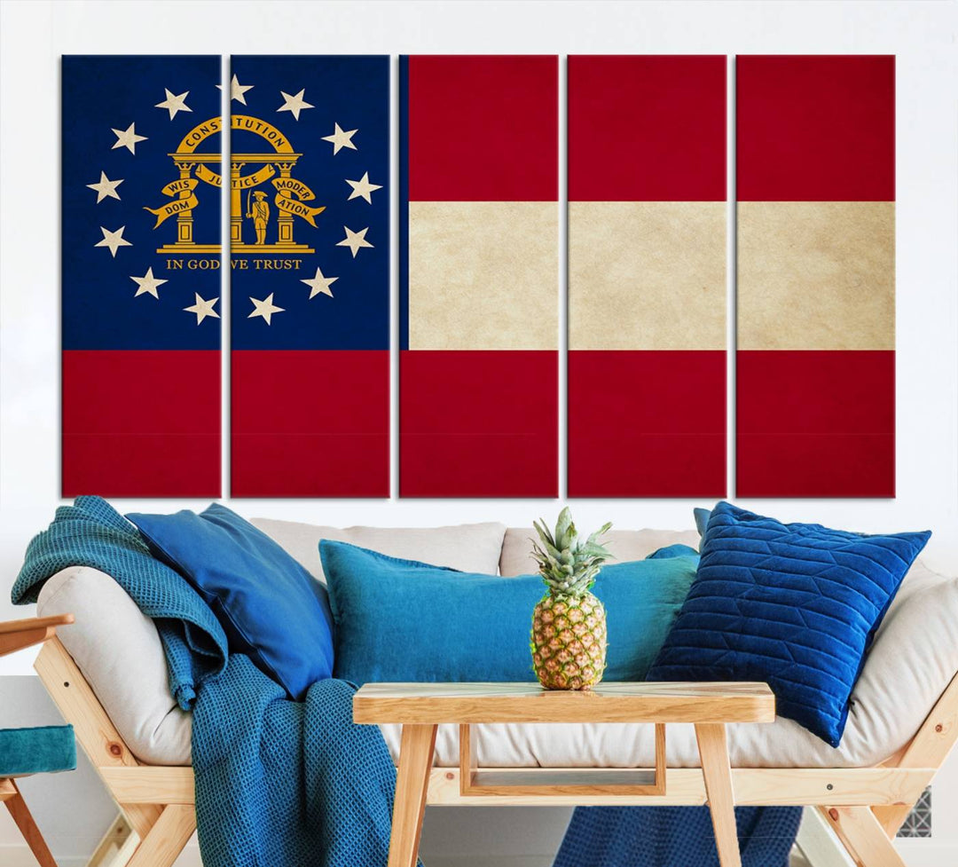 The Georgia States Flag Wall Art Canvas Print, coated with UV protection to preserve its vibrant colors, hangs on the wall.