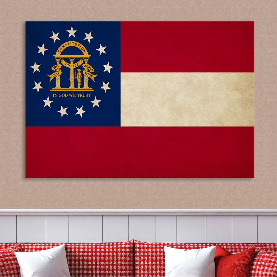 The Georgia States Flag Wall Art Canvas Print, coated with UV protection to preserve its vibrant colors, hangs on the wall.