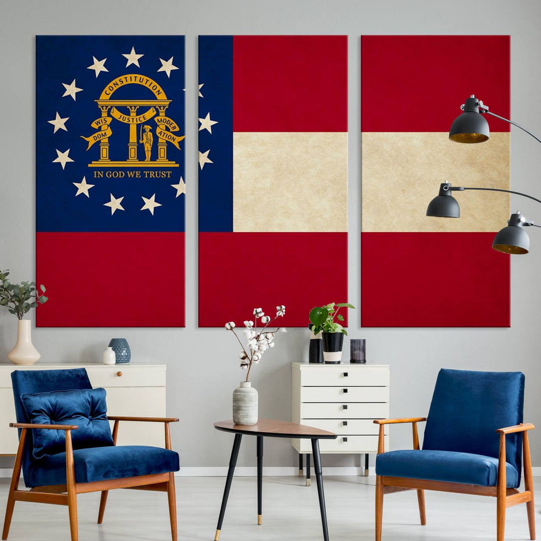 The Georgia States Flag Wall Art Canvas Print, coated with UV protection to preserve its vibrant colors, hangs on the wall.