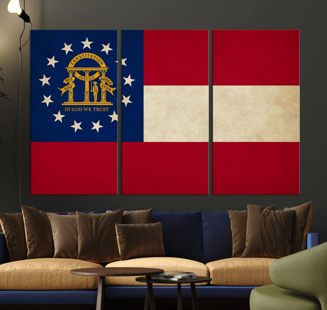 The Georgia States Flag Wall Art Canvas Print, coated with UV protection to preserve its vibrant colors, hangs on the wall.