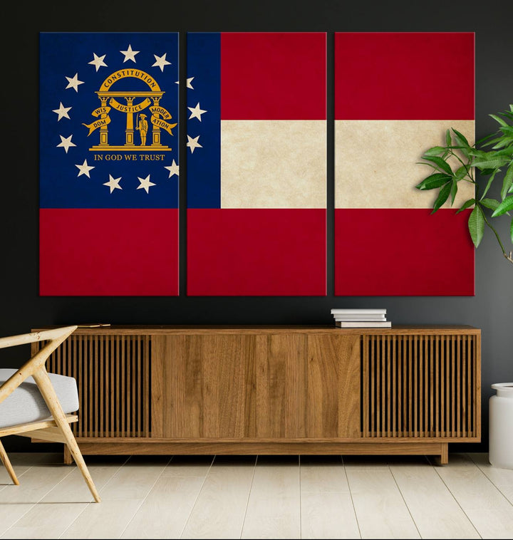 The Georgia States Flag Wall Art Canvas Print, coated with UV protection to preserve its vibrant colors, hangs on the wall.