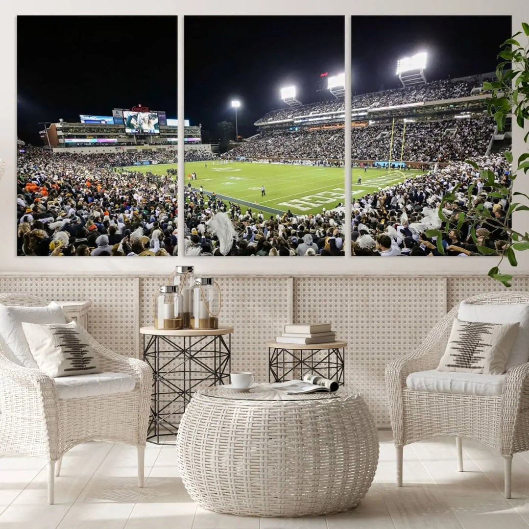 Showcased as premium wall art, this gallery-quality canvas features a print of the Georgia Tech Yellow Jackets Football Team at Atlanta's Bobby Dodd Stadium during a crowded, illuminated night game.