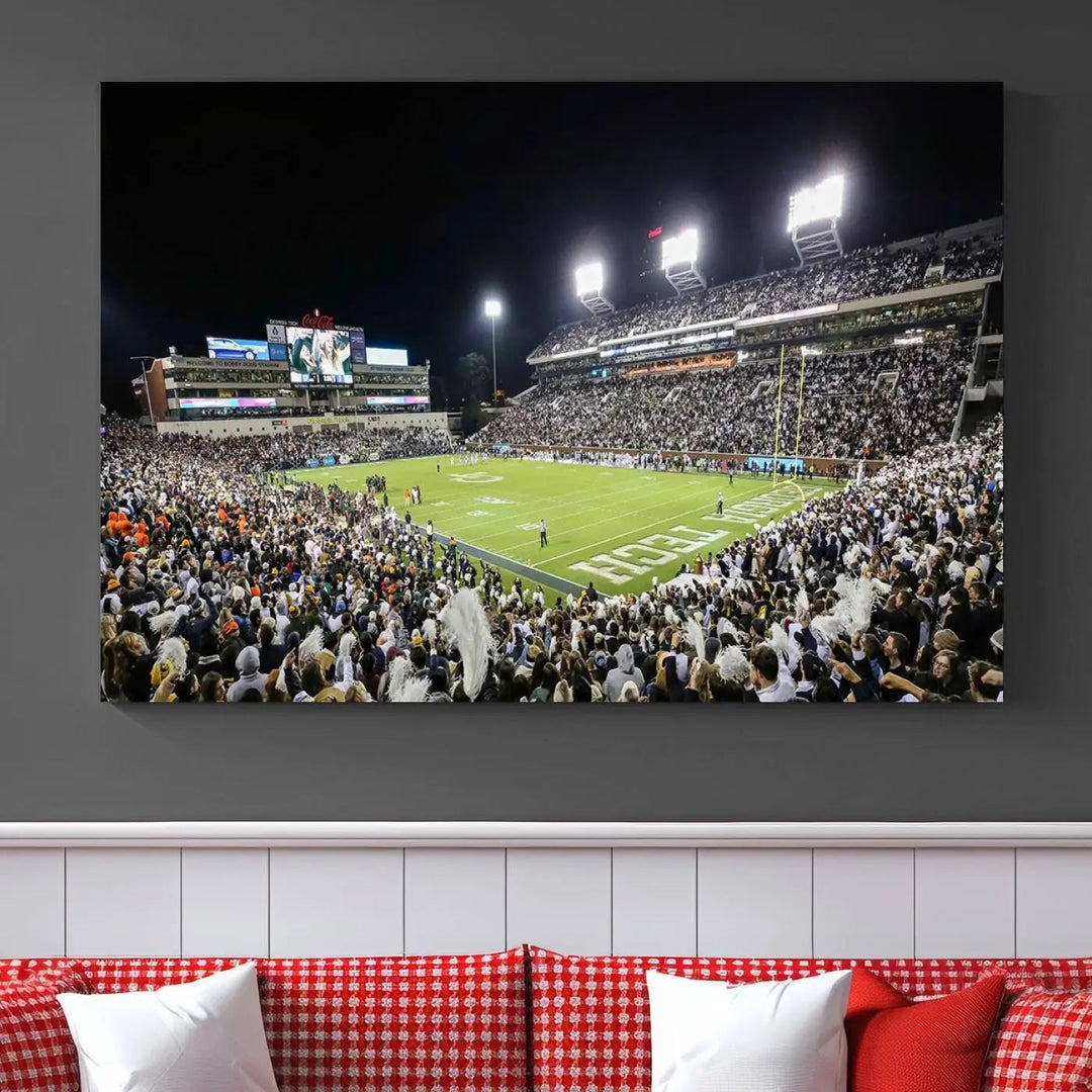 Showcased as premium wall art, this gallery-quality canvas features a print of the Georgia Tech Yellow Jackets Football Team at Atlanta's Bobby Dodd Stadium during a crowded, illuminated night game.