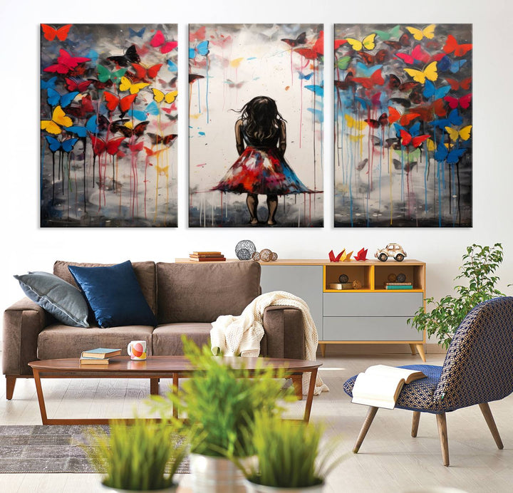 The Girl Butterfly Graffiti Abstract Canvas Print, featuring a vibrant depiction of a girl surrounded by butterflies on museum-quality canvas, is displayed prominently.