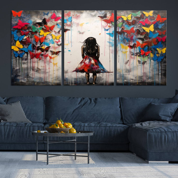 The Girl Butterfly Graffiti Abstract Canvas Print, featuring a vibrant depiction of a girl surrounded by butterflies on museum-quality canvas, is displayed prominently.