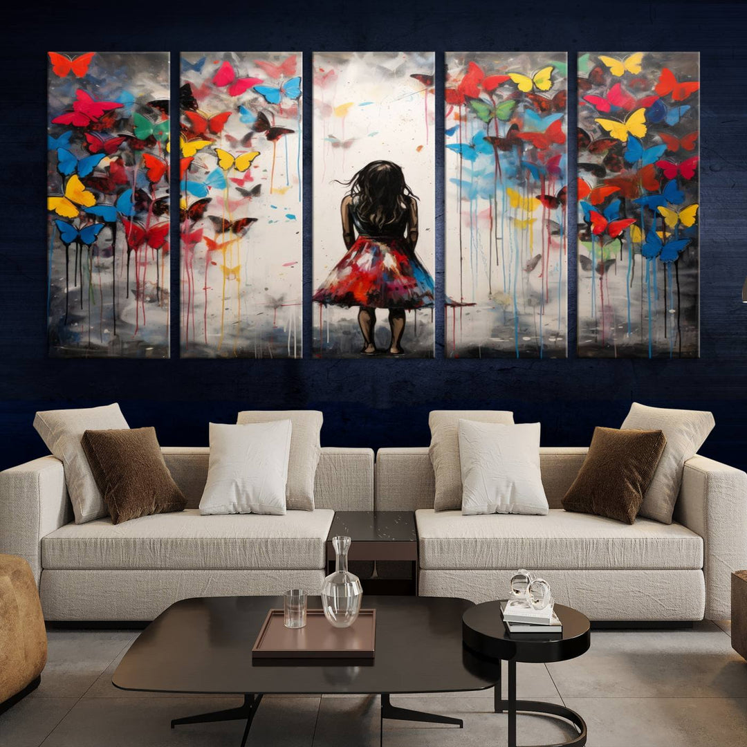 The Girl Butterfly Graffiti Abstract Canvas Print, featuring a vibrant depiction of a girl surrounded by butterflies on museum-quality canvas, is displayed prominently.