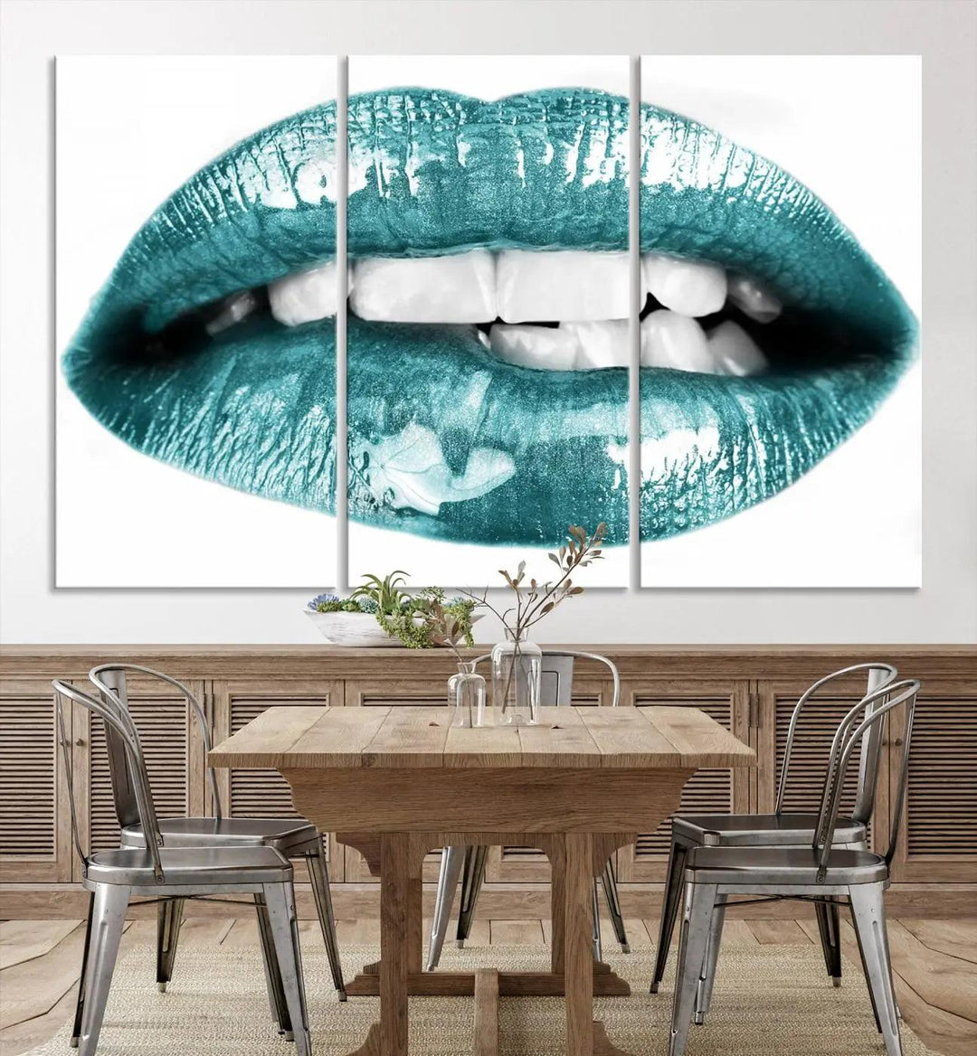 The "Glossy Lips Makeup Canvas Wall Art Print" in a striking teal hue graces the wall, adding a captivating touch of contemporary art to the space.