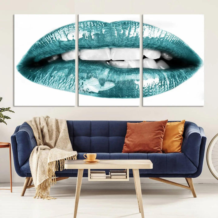 The "Glossy Lips Makeup Canvas Wall Art Print" in a striking teal hue graces the wall, adding a captivating touch of contemporary art to the space.