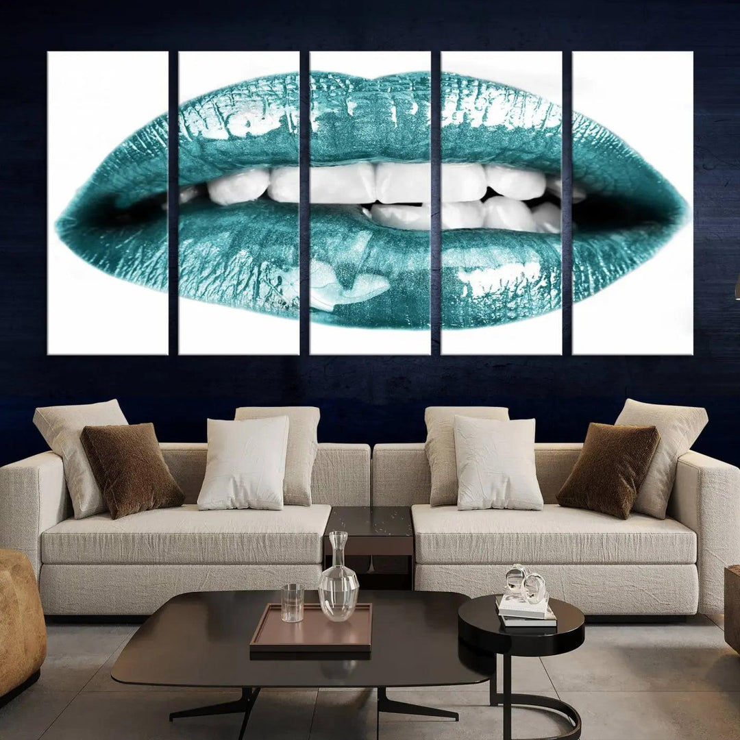 The "Glossy Lips Makeup Canvas Wall Art Print" in a striking teal hue graces the wall, adding a captivating touch of contemporary art to the space.