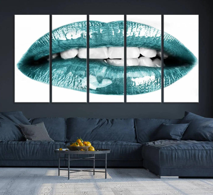 The "Glossy Lips Makeup Canvas Wall Art Print" in a striking teal hue graces the wall, adding a captivating touch of contemporary art to the space.