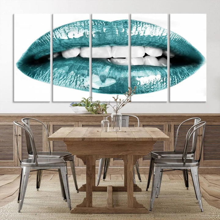 The "Glossy Lips Makeup Canvas Wall Art Print" in a striking teal hue graces the wall, adding a captivating touch of contemporary art to the space.