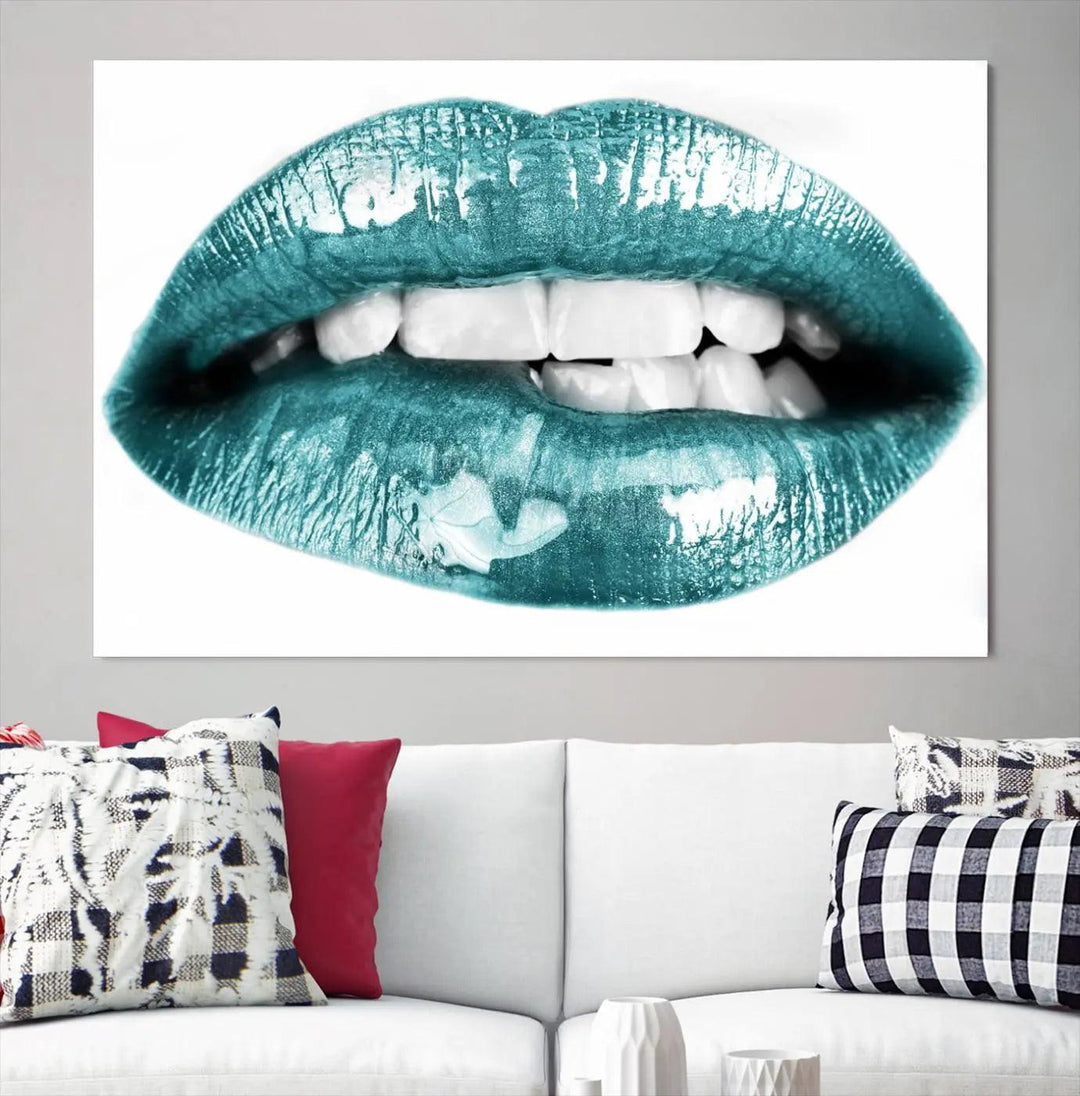 The "Glossy Lips Makeup Canvas Wall Art Print" in a striking teal hue graces the wall, adding a captivating touch of contemporary art to the space.