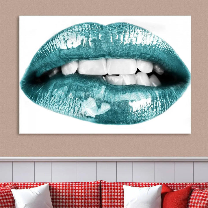 The "Glossy Lips Makeup Canvas Wall Art Print" in a striking teal hue graces the wall, adding a captivating touch of contemporary art to the space.