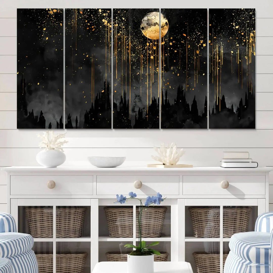 In the contemporary living room, Gold Moon Abstract Wall Art with dripping gold accents is prominently featured.