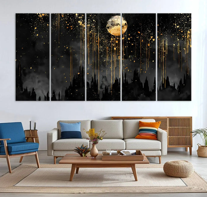 In the contemporary living room, Gold Moon Abstract Wall Art with dripping gold accents is prominently featured.