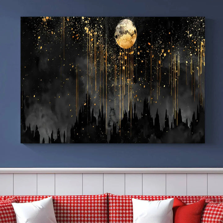 In the contemporary living room, Gold Moon Abstract Wall Art with dripping gold accents is prominently featured.