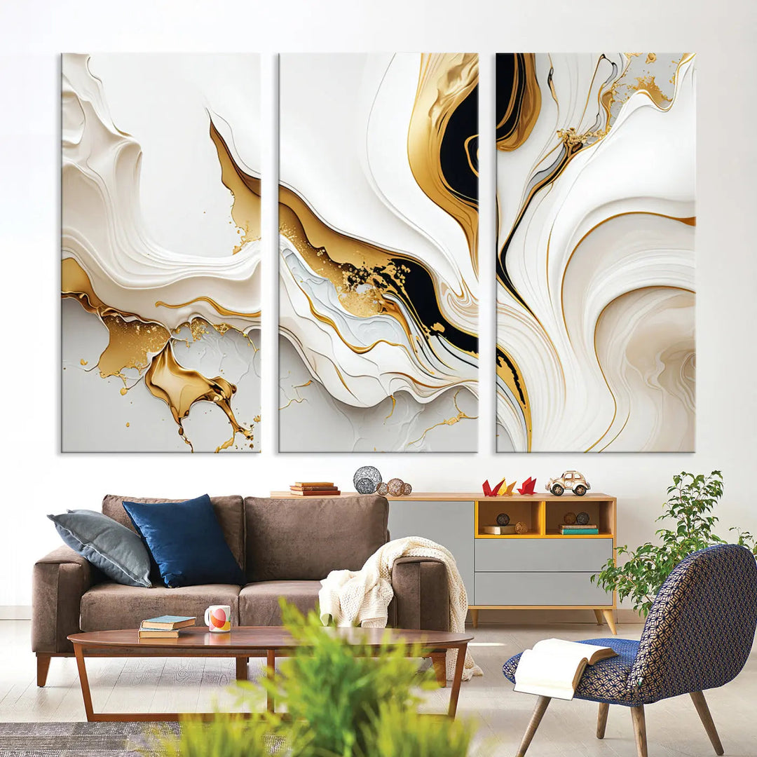 Three Gold Waves on Pure White art pieces adorn a dark wall.