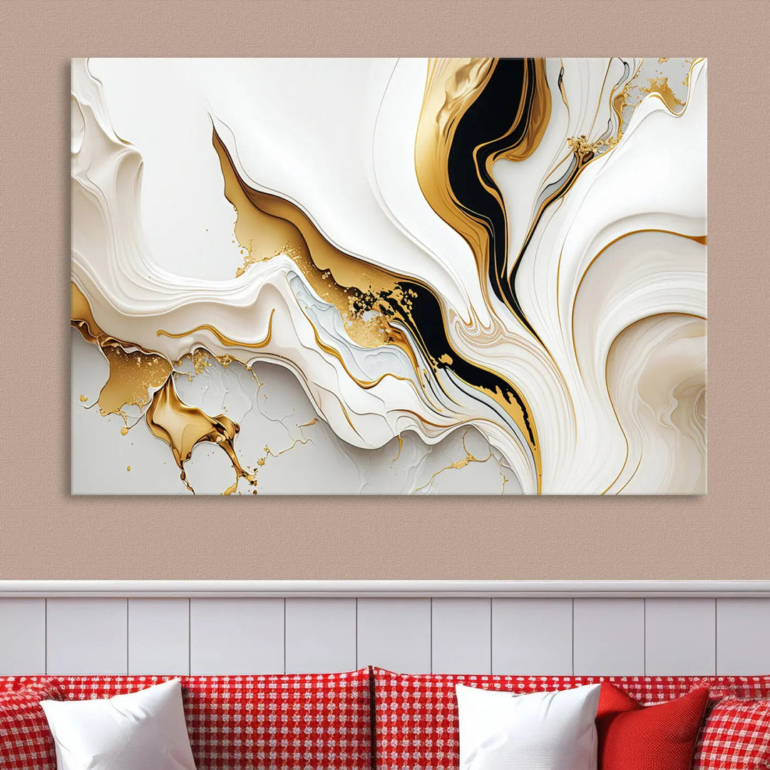 Three Gold Waves on Pure White art pieces adorn a dark wall.