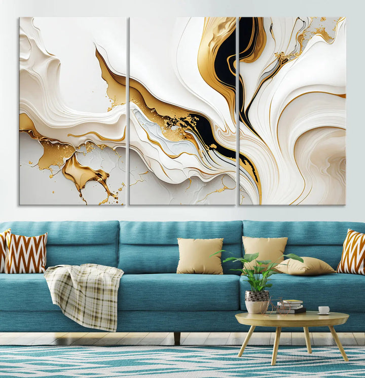 Three Gold Waves on Pure White art pieces adorn a dark wall.