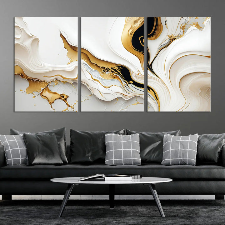 Three Gold Waves on Pure White art pieces adorn a dark wall.