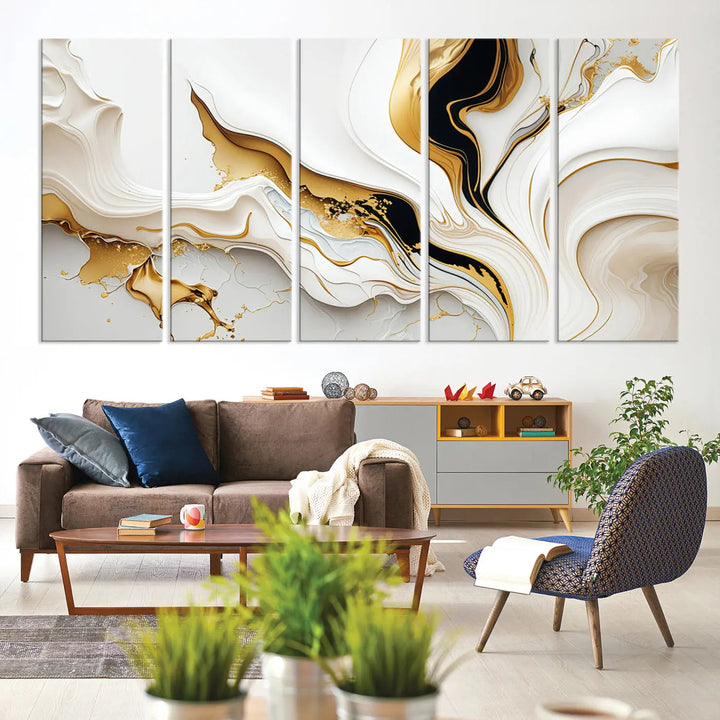 Three Gold Waves on Pure White art pieces adorn a dark wall.