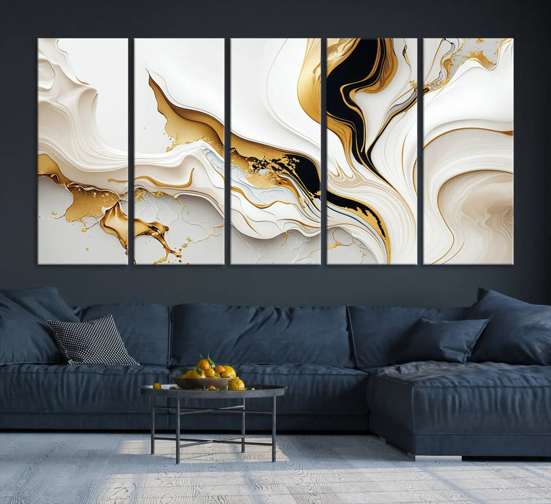 Three Gold Waves on Pure White art pieces adorn a dark wall.