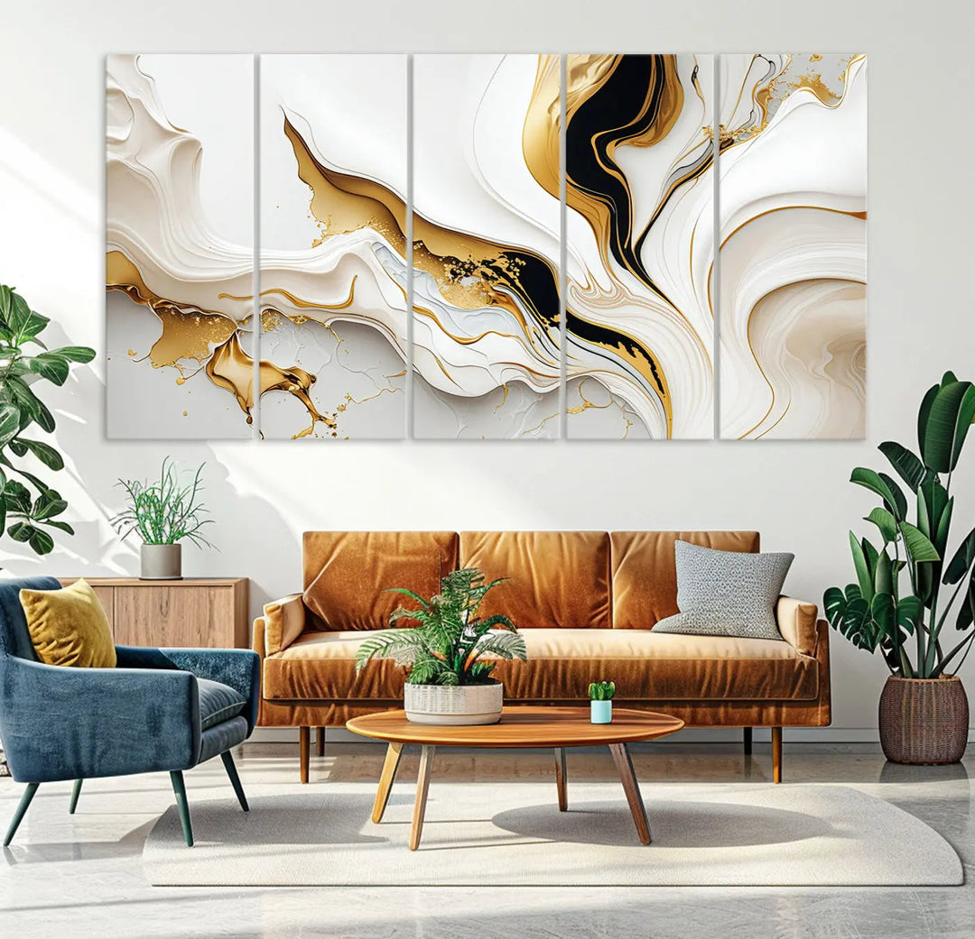 Three Gold Waves on Pure White art pieces adorn a dark wall.