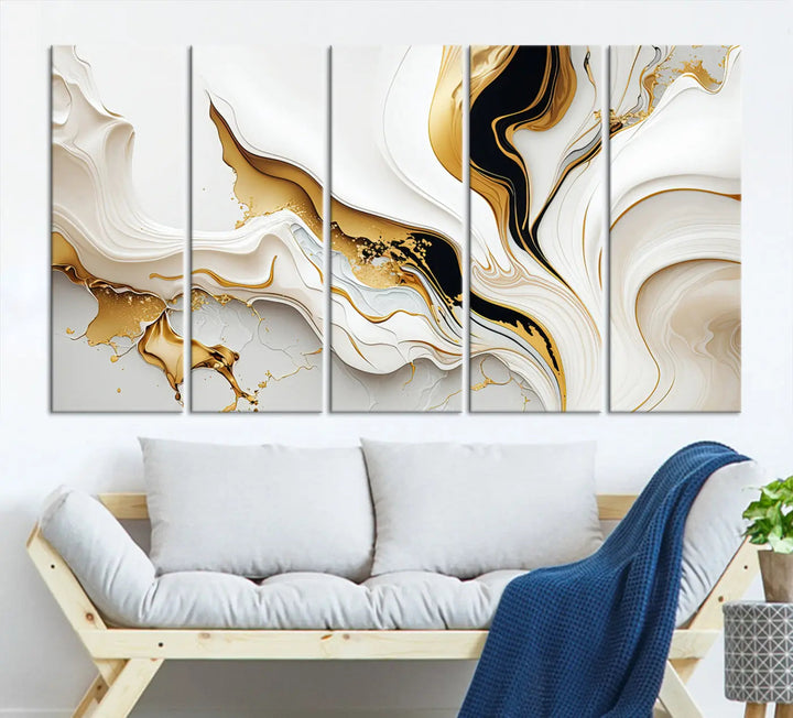 Three Gold Waves on Pure White art pieces adorn a dark wall.