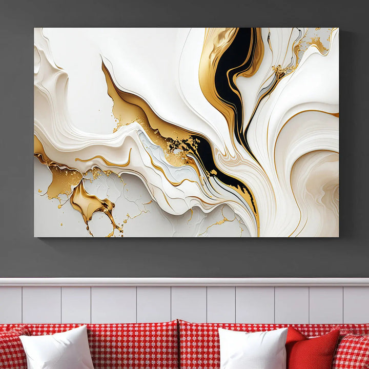 Three Gold Waves on Pure White art pieces adorn a dark wall.