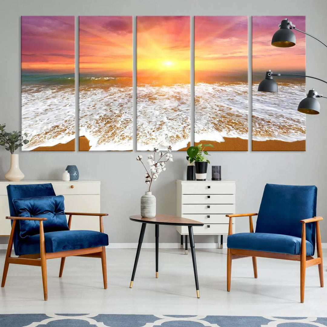 The "Golden Beach Sunrise Canvas Wall Art," a three-panel giclee print featuring ocean waves on a sandy shore, beautifully adorns the gray wall.