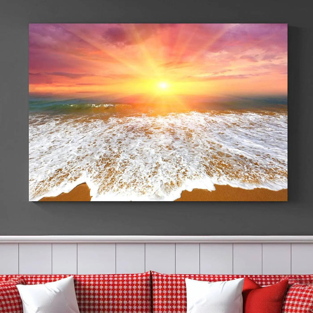 Golden Beach Sunrise Canvas Wall Art, 3-Panel Giclee Print Featuring Ocean Waves on Sandy Shore, Vibrant Coastal Beach Decor for Home