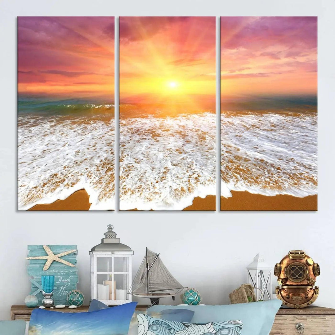 Golden Beach Sunrise Canvas Wall Art, 3-Panel Giclee Print Featuring Ocean Waves on Sandy Shore, Vibrant Coastal Beach Decor for Home