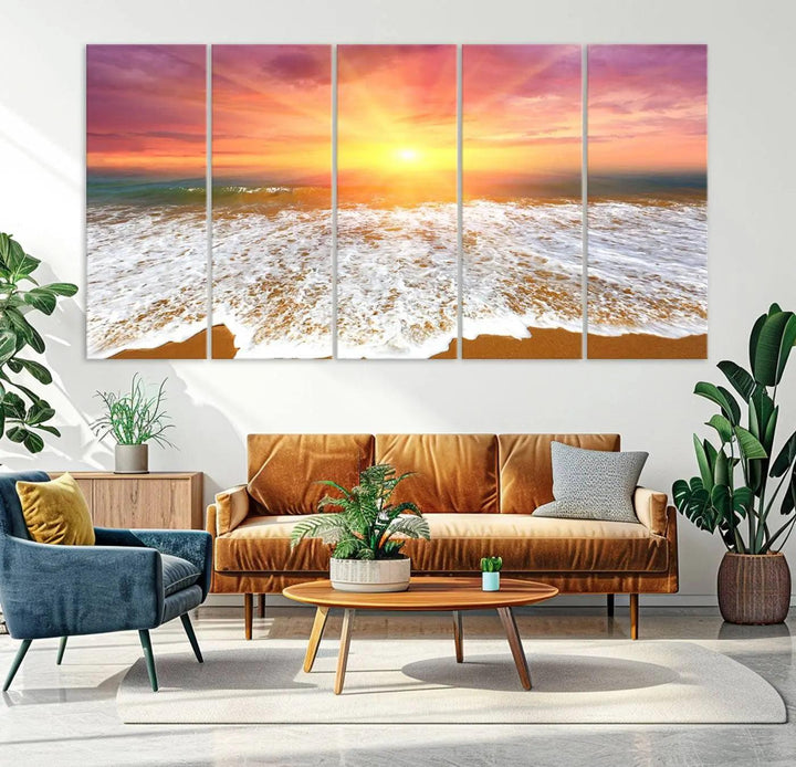 Golden Beach Sunrise Canvas Wall Art, 3-Panel Giclee Print Featuring Ocean Waves on Sandy Shore, Vibrant Coastal Beach Decor for Home