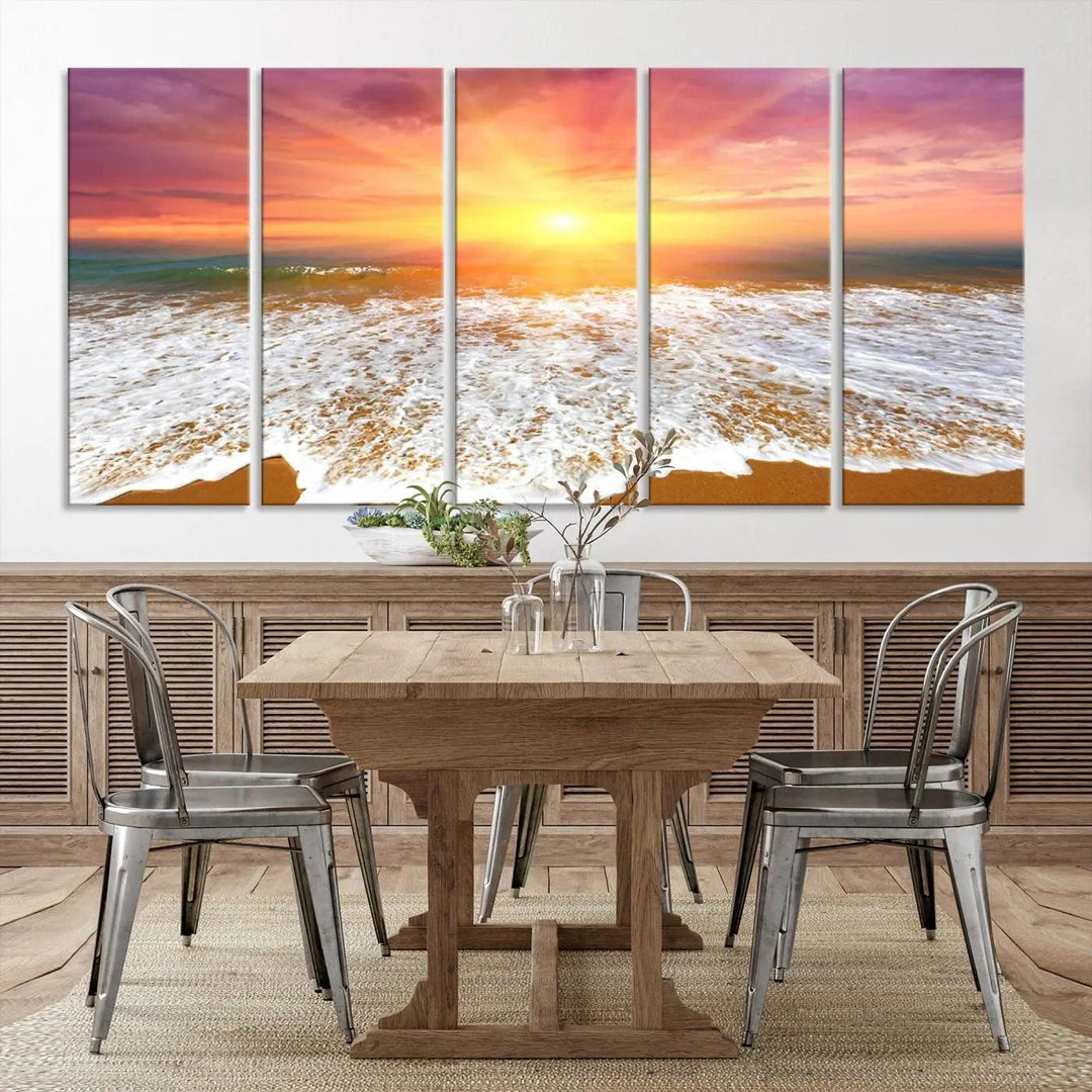 Golden Beach Sunrise Canvas Wall Art, 3-Panel Giclee Print Featuring Ocean Waves on Sandy Shore, Vibrant Coastal Beach Decor for Home