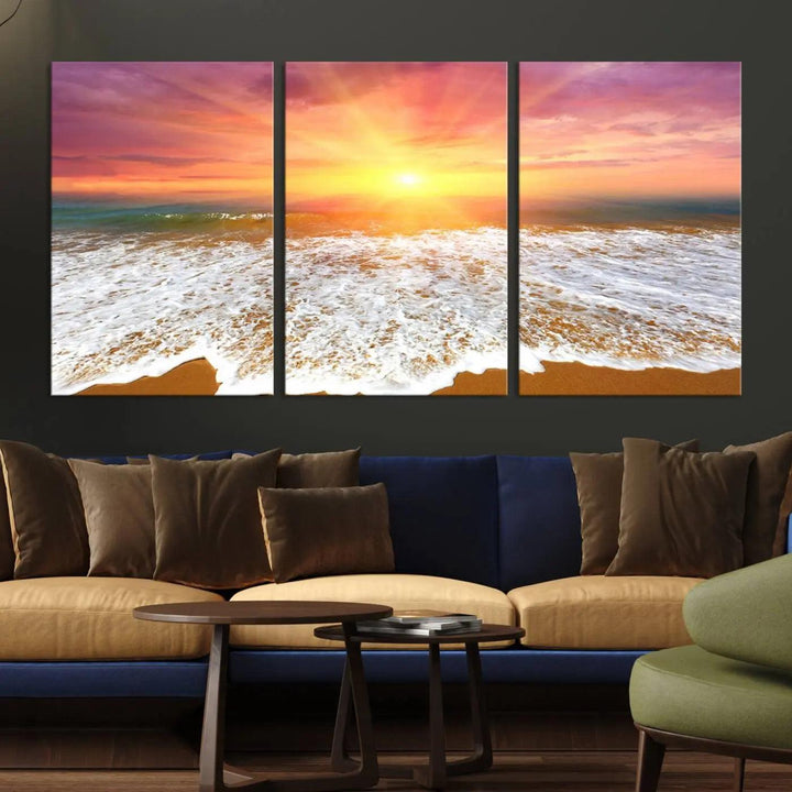 The "Golden Beach Sunrise Canvas Wall Art," a three-panel giclee print featuring ocean waves on a sandy shore, beautifully adorns the gray wall.