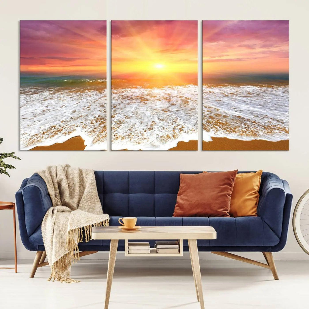 The "Golden Beach Sunrise Canvas Wall Art," a three-panel giclee print featuring ocean waves on a sandy shore, beautifully adorns the gray wall.