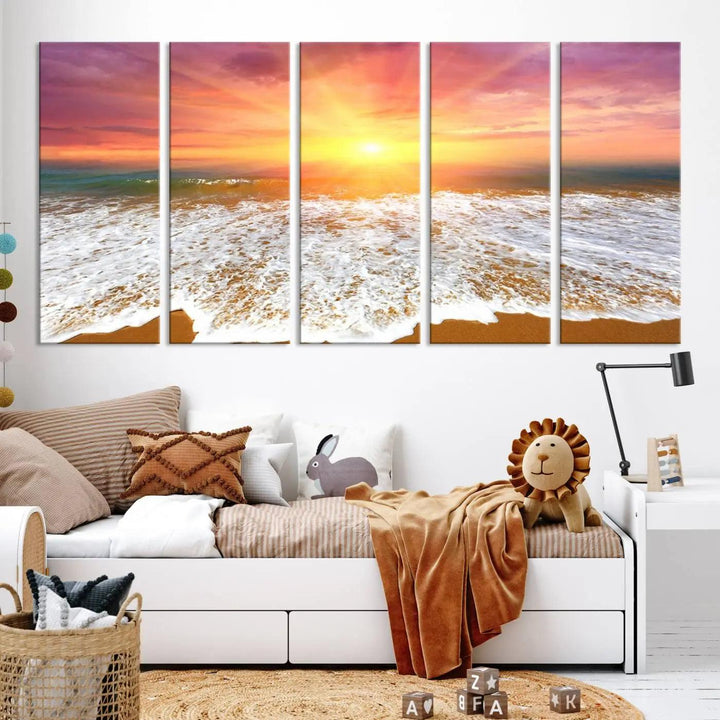 Golden Beach Sunrise Canvas Wall Art, 3-Panel Giclee Print Featuring Ocean Waves on Sandy Shore, Vibrant Coastal Beach Decor for Home