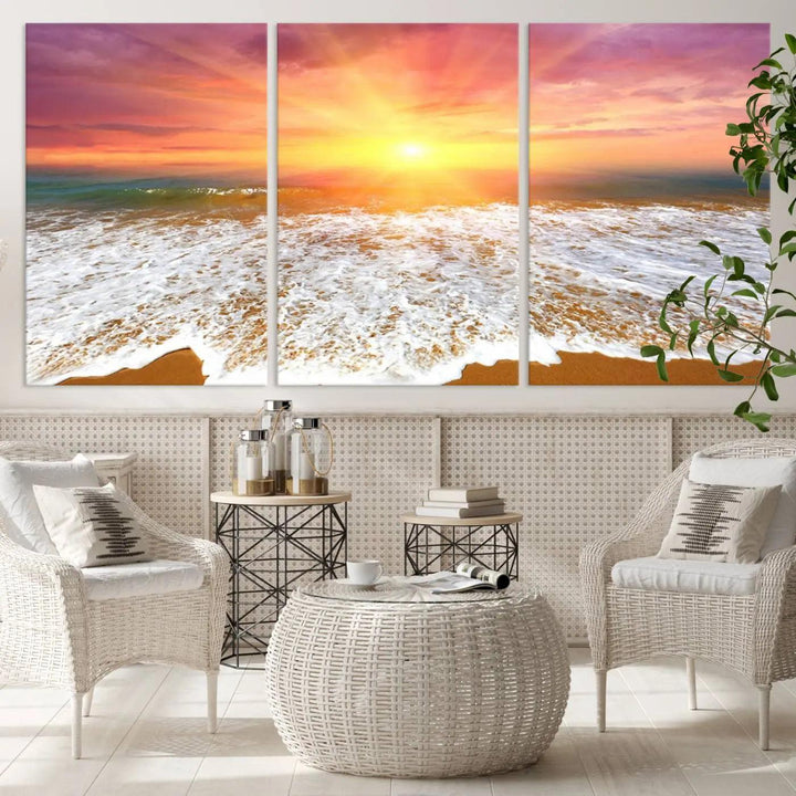 The "Golden Beach Sunrise Canvas Wall Art," a three-panel giclee print featuring ocean waves on a sandy shore, beautifully adorns the gray wall.