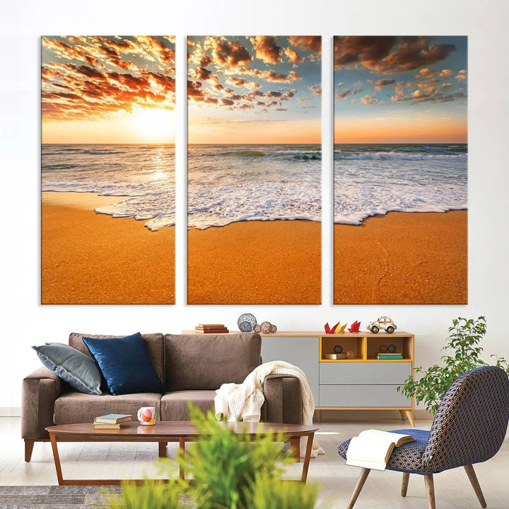 Golden Beach Sunset Canvas Art, Ocean Waves Wall Art, Giclee Canvas Print with Gallery Wrap for Coastal Home Decor