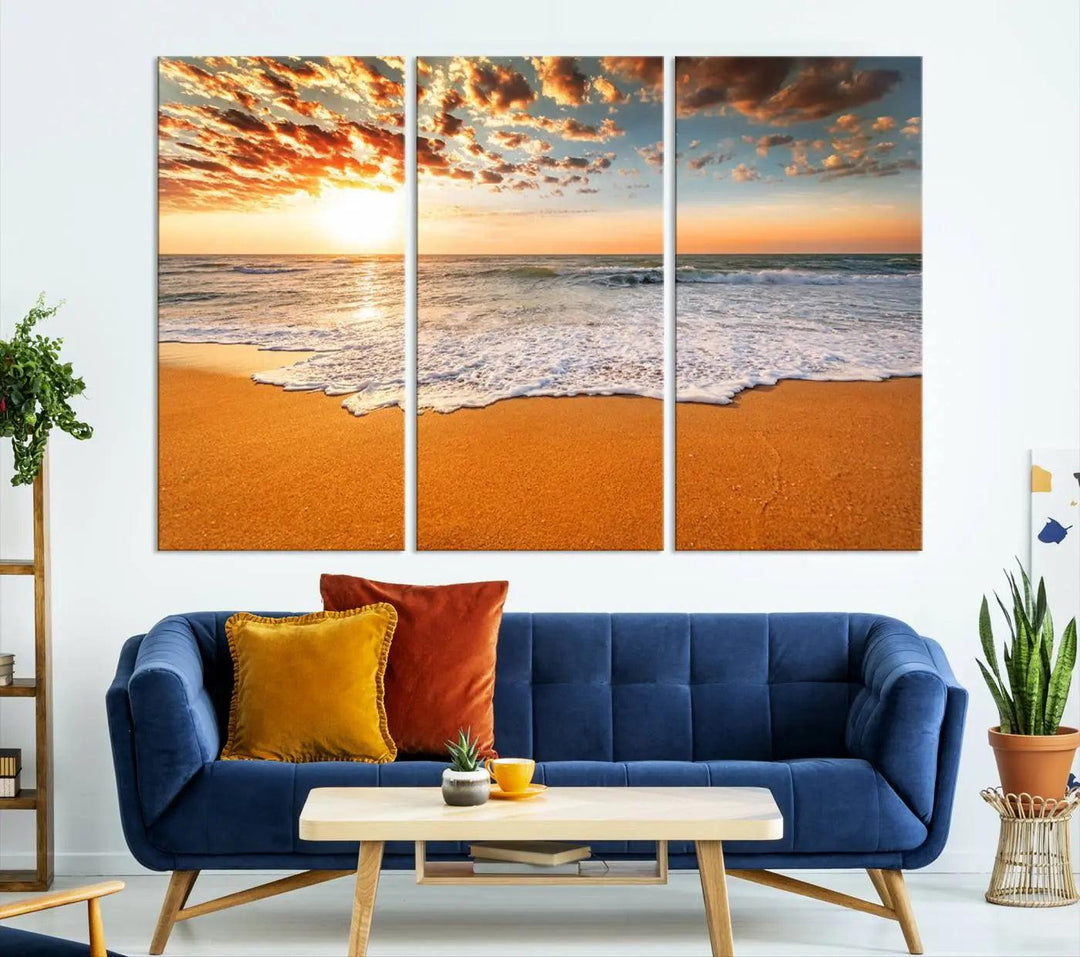 Golden Beach Sunset Canvas Art, Ocean Waves Wall Art, Giclee Canvas Print with Gallery Wrap for Coastal Home Decor