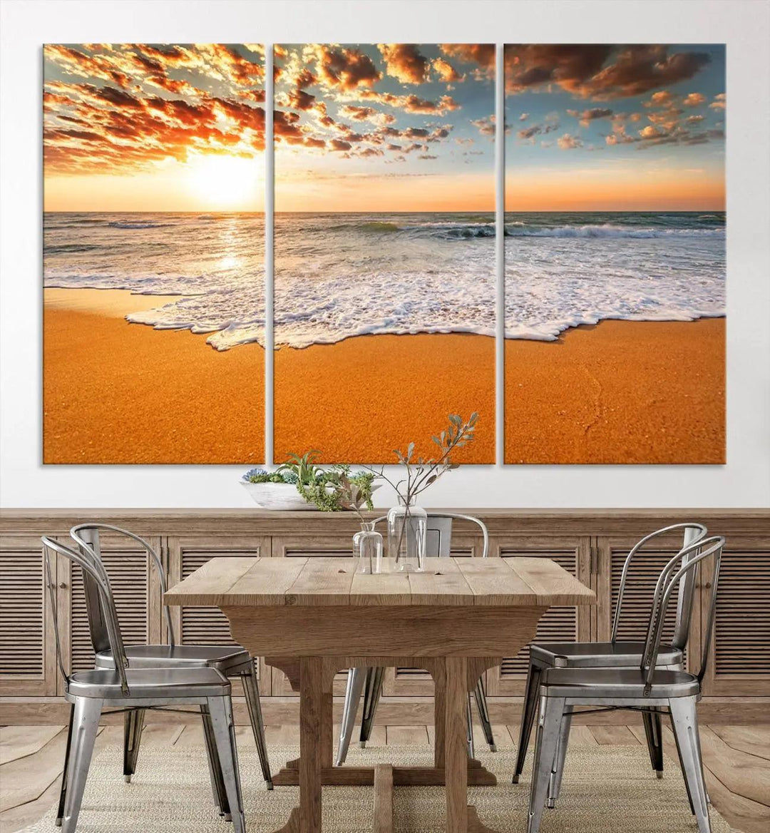 Golden Beach Sunset Canvas Art, Ocean Waves Wall Art, Giclee Canvas Print with Gallery Wrap for Coastal Home Decor