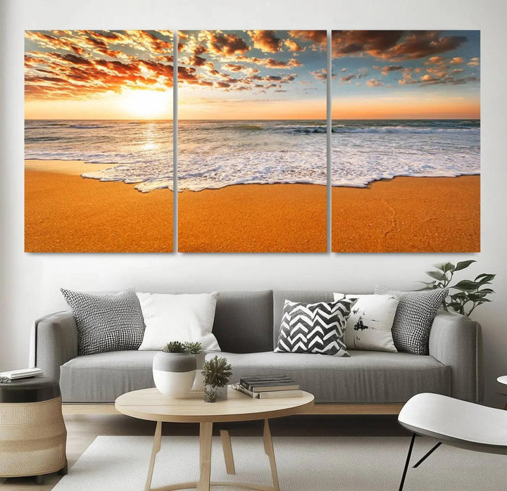 Golden Beach Sunset Canvas Art, Ocean Waves Wall Art, Giclee Canvas Print with Gallery Wrap for Coastal Home Decor