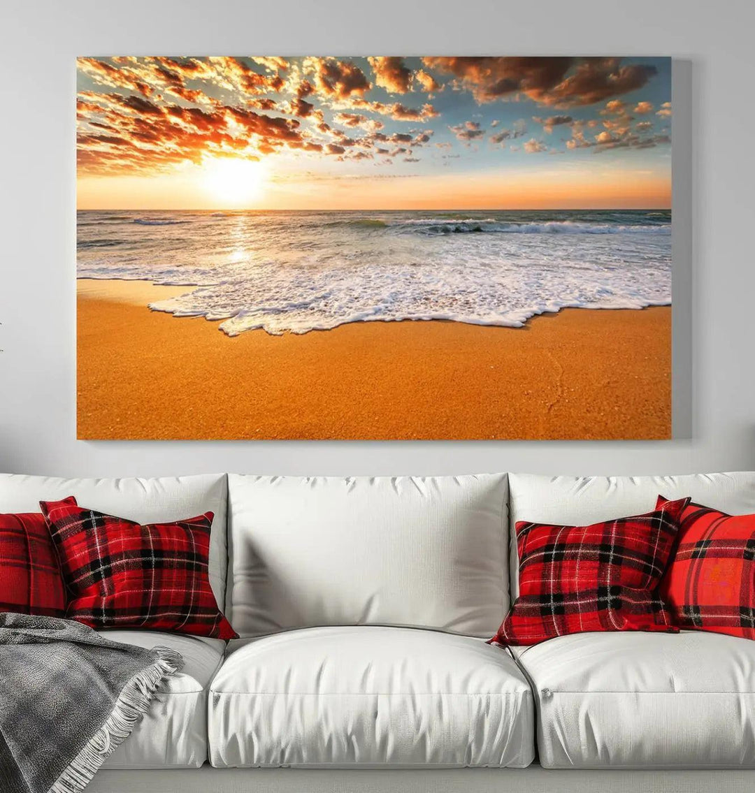 Golden Beach Sunset Canvas Art, Ocean Waves Wall Art, Giclee Canvas Print with Gallery Wrap for Coastal Home Decor